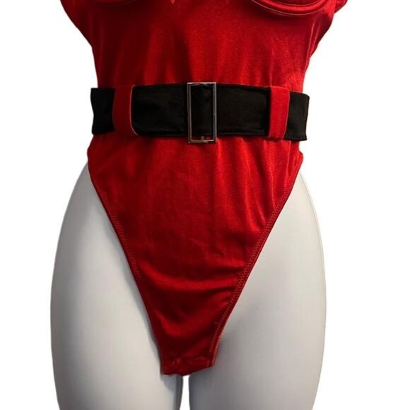 Chantal Cheri Red Santa Bodysuit Teddy Lingerie Set Belt Fur Trim, Small - Picture 3 of 5